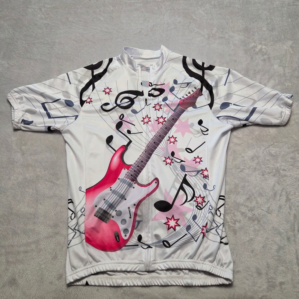 Xintown Cycling Jersey White Pink Electric Guitar Music Notes Biking Med Fits XS